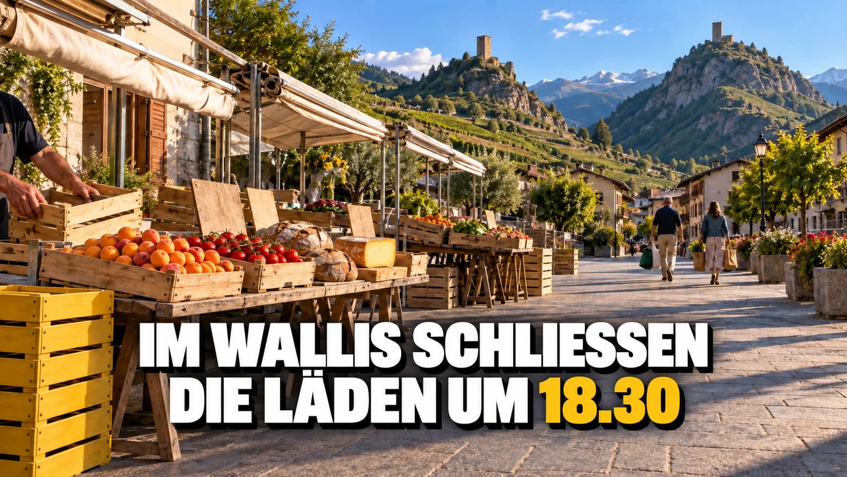 Marktgasse im Wallis am späten Nachmittag: Aprikosen, Roggenbrot und Käse, dahinter zwei Hügel mit Türmen.