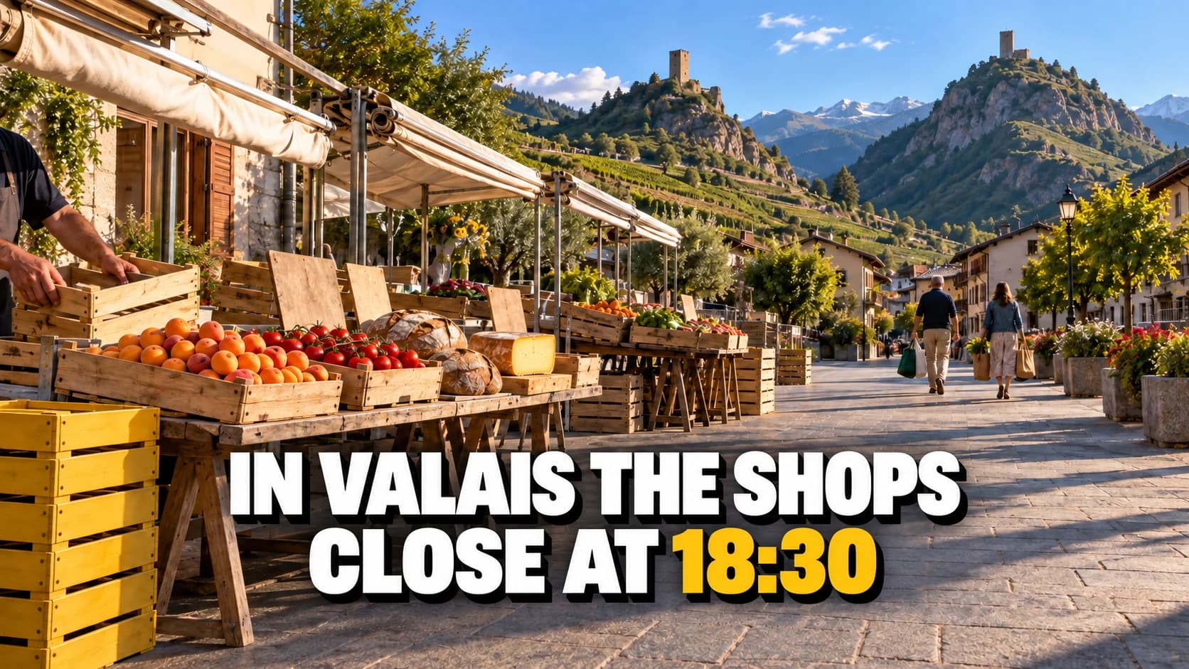 A Valais market street in late afternoon with apricots, rye bread and cheese and two tower-topped hills behind.