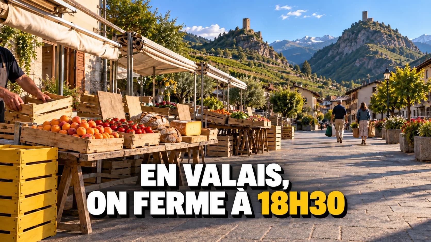 Rue de marché en Valais en fin d’après-midi : abricots, pain de seigle et fromage, deux collines surmontées de tours.