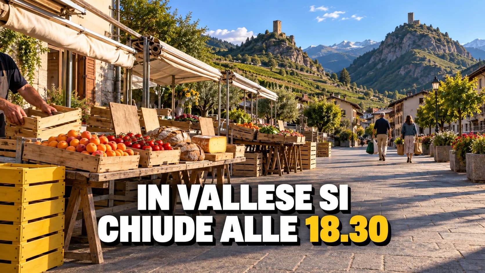 Mercato in una via del Vallese nel tardo pomeriggio: albicocche, pane di segale e formaggio, due colline con torri sullo sfondo.