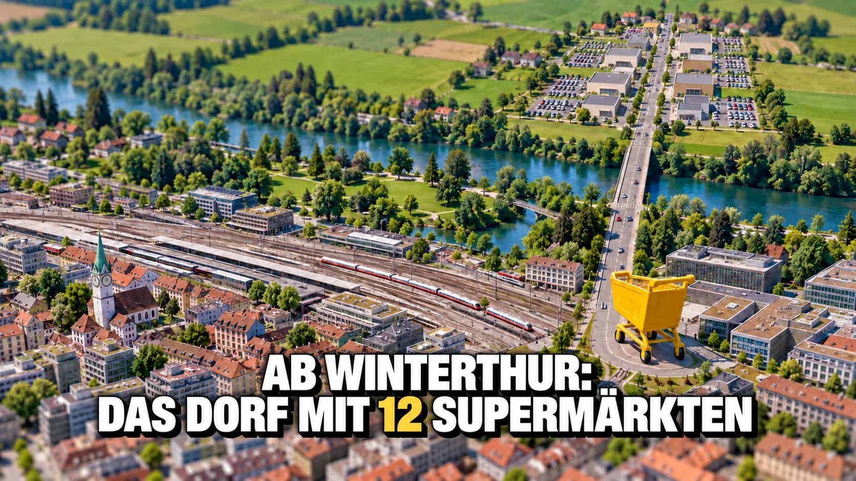 Miniatur-Luftbild einer Stadt und einer geraden Strasse, die zu einem Dorf voller Läden führt