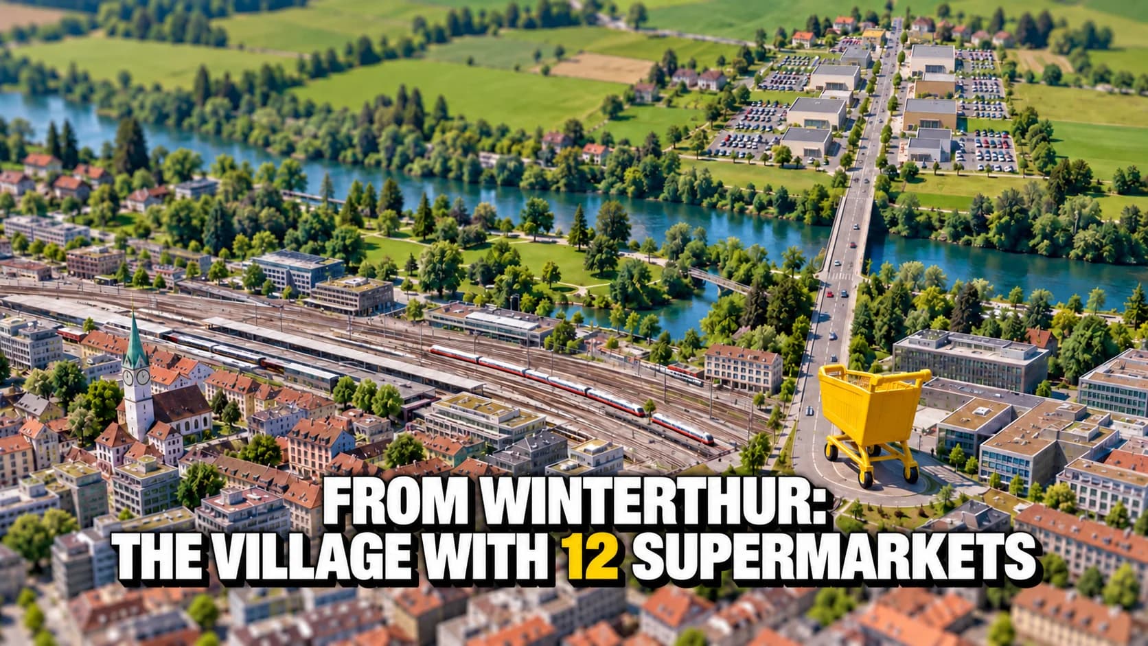 A tilt-shift aerial of a city and one straight road leading to a village full of shops