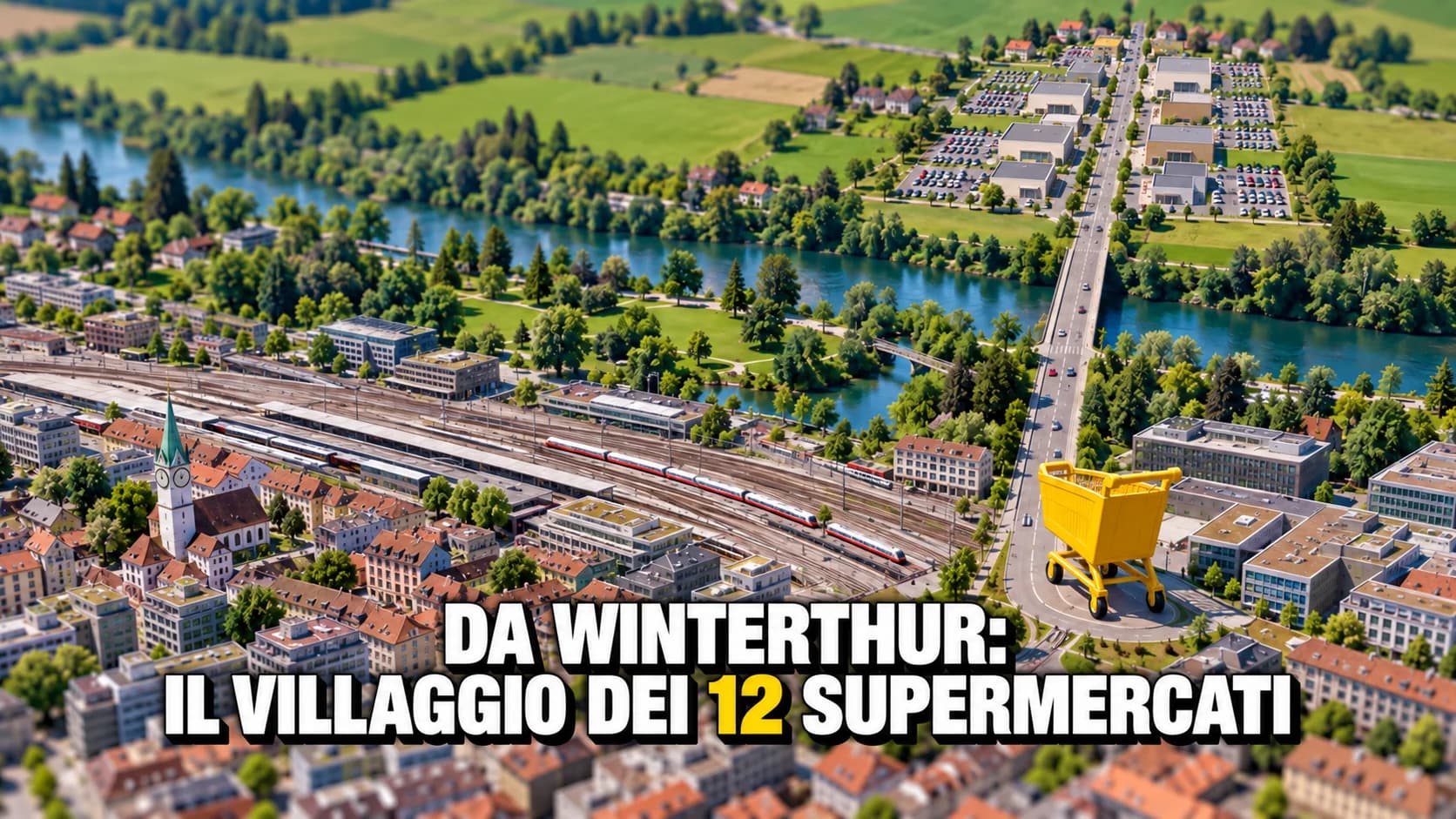 Veduta aerea in miniatura di una città e di una strada dritta che porta a un villaggio pieno di negozi