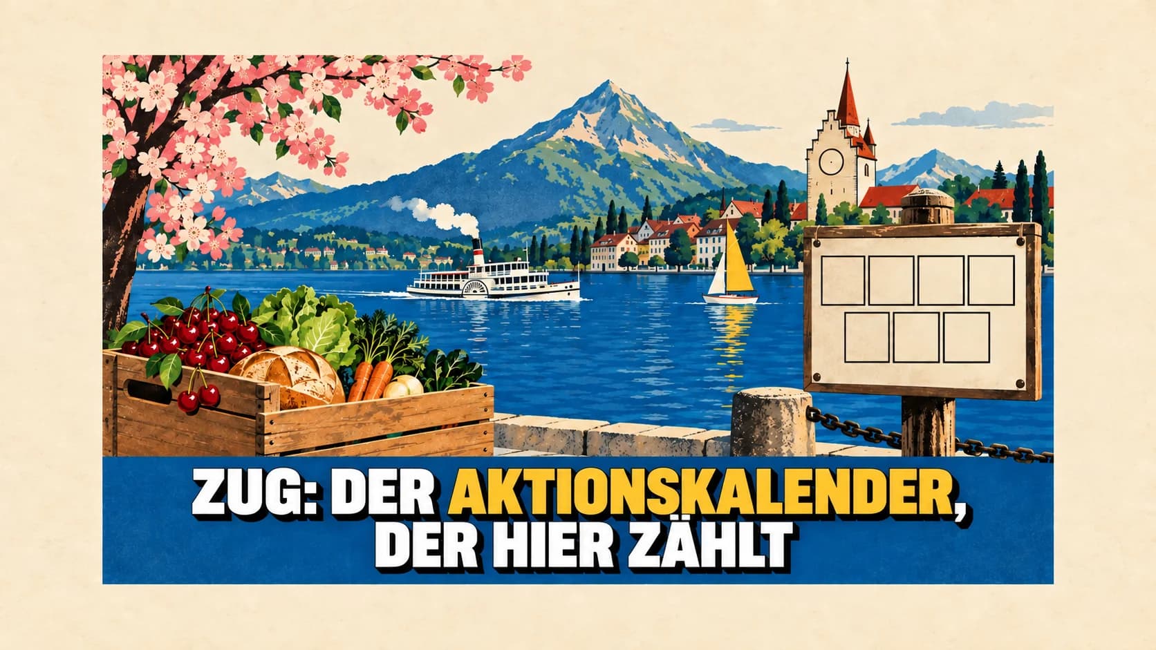 Lithografisches Plakat einer Seestadt: Uhrturm, weisses Dampfschiff, Kirschenkiste am Quai und eine Anschlagtafel mit leeren Feldern.