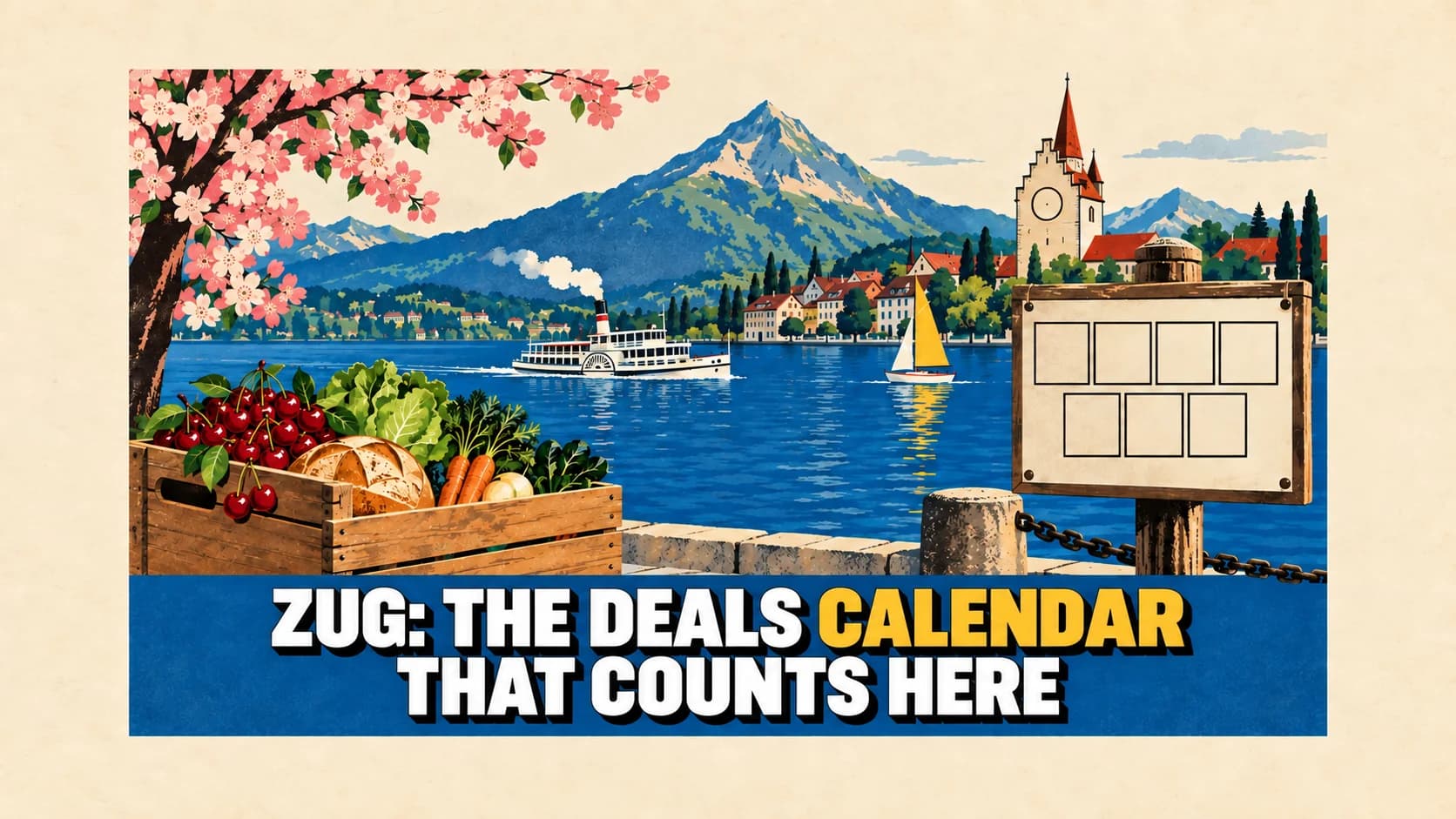 A lithograph poster of a lakeside town with a clock tower, a white steamer, a crate of cherries on the quay and a notice board of empty squares.