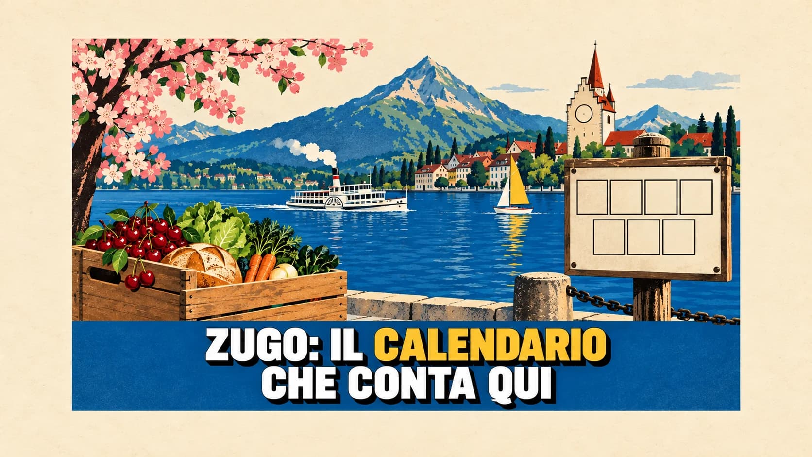 Manifesto litografico di una cittadina sul lago: torre dell’orologio, battello bianco, cassetta di ciliegie sul molo e una bacheca a caselle vuote.