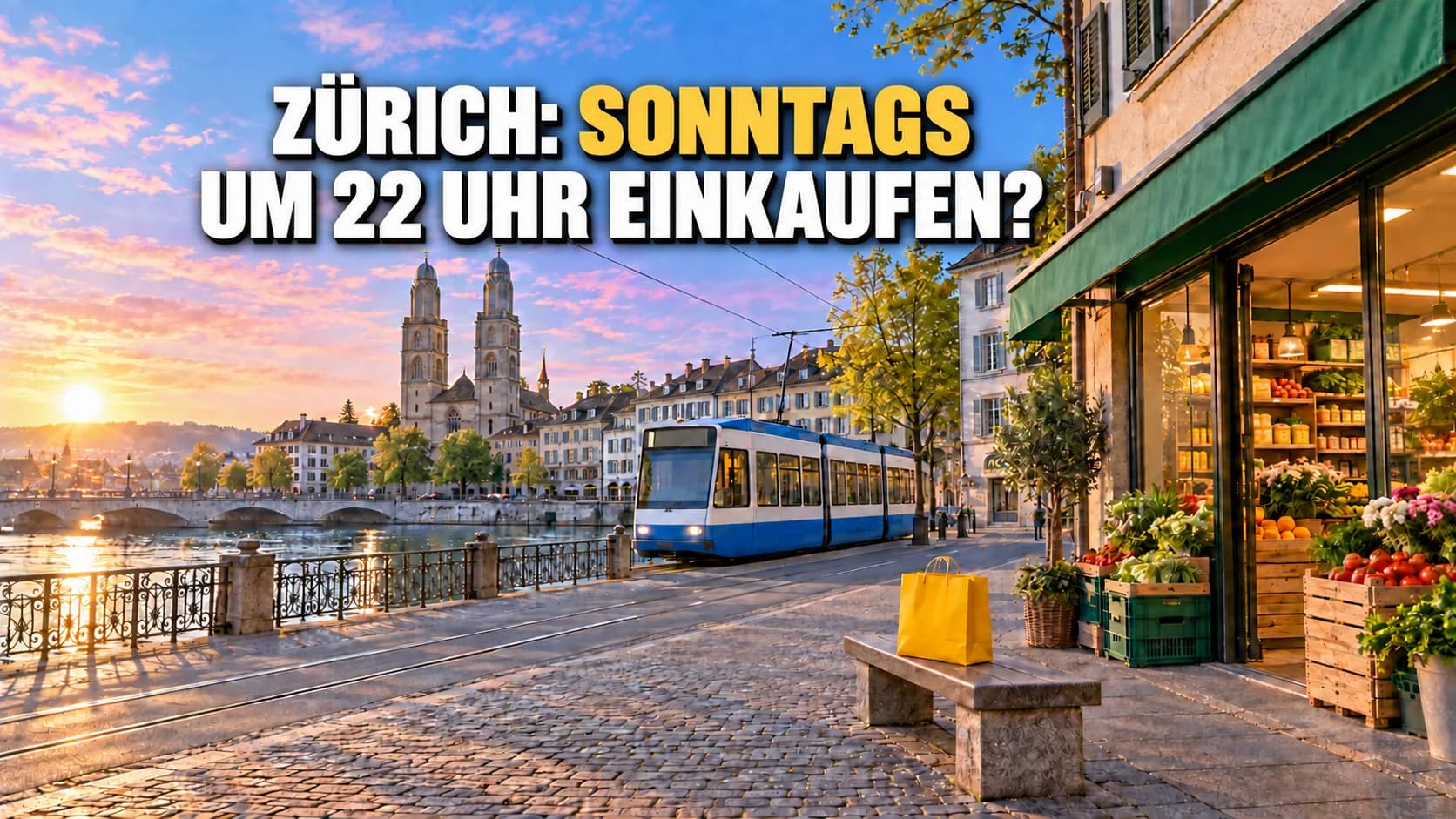 Zürcher Strasse an der Limmat im Morgenlicht, mit Tram, offenem Laden und gelber Tasche.