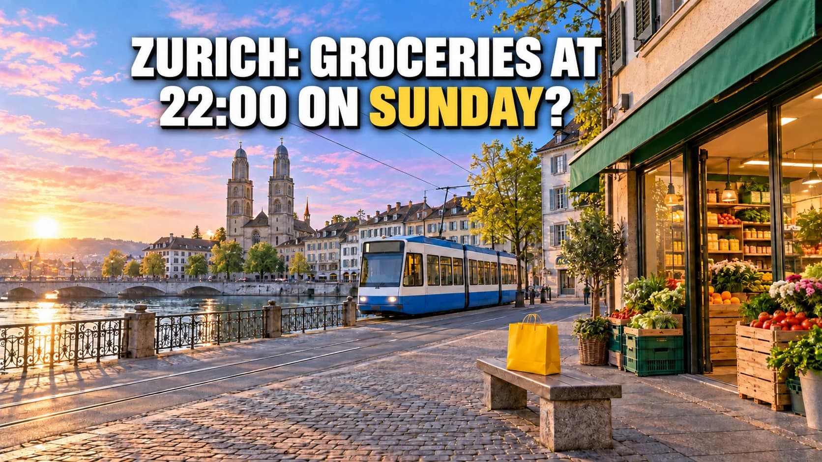 Zurich street beside the Limmat at dawn, with a tram, open shop and yellow bag.