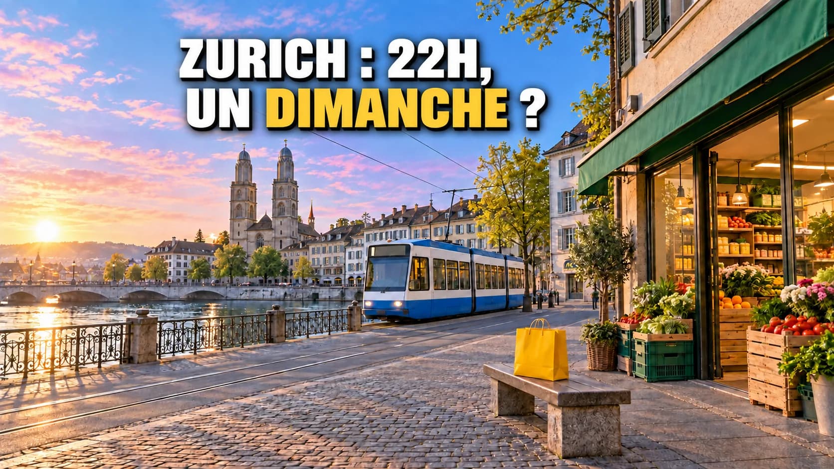 Rue de Zurich sur la Limmat à l’aube, avec tram, boutique ouverte et sac jaune.