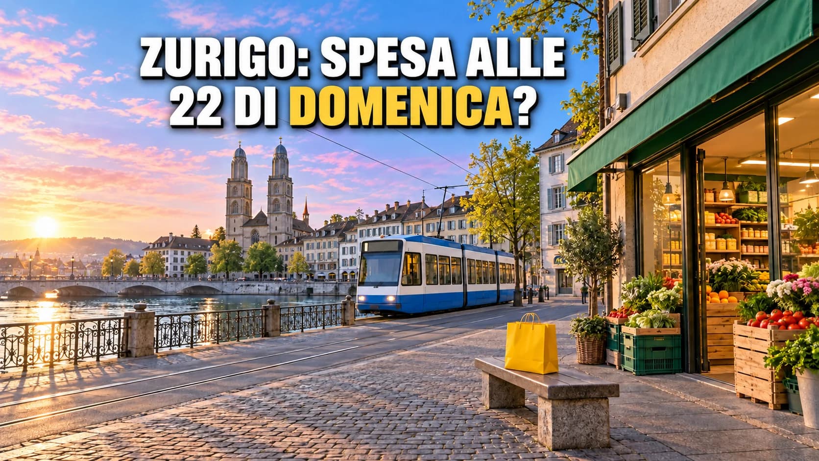 Strada di Zurigo all’alba lungo la Limmat, con tram, negozio generico aperto e una borsa gialla.