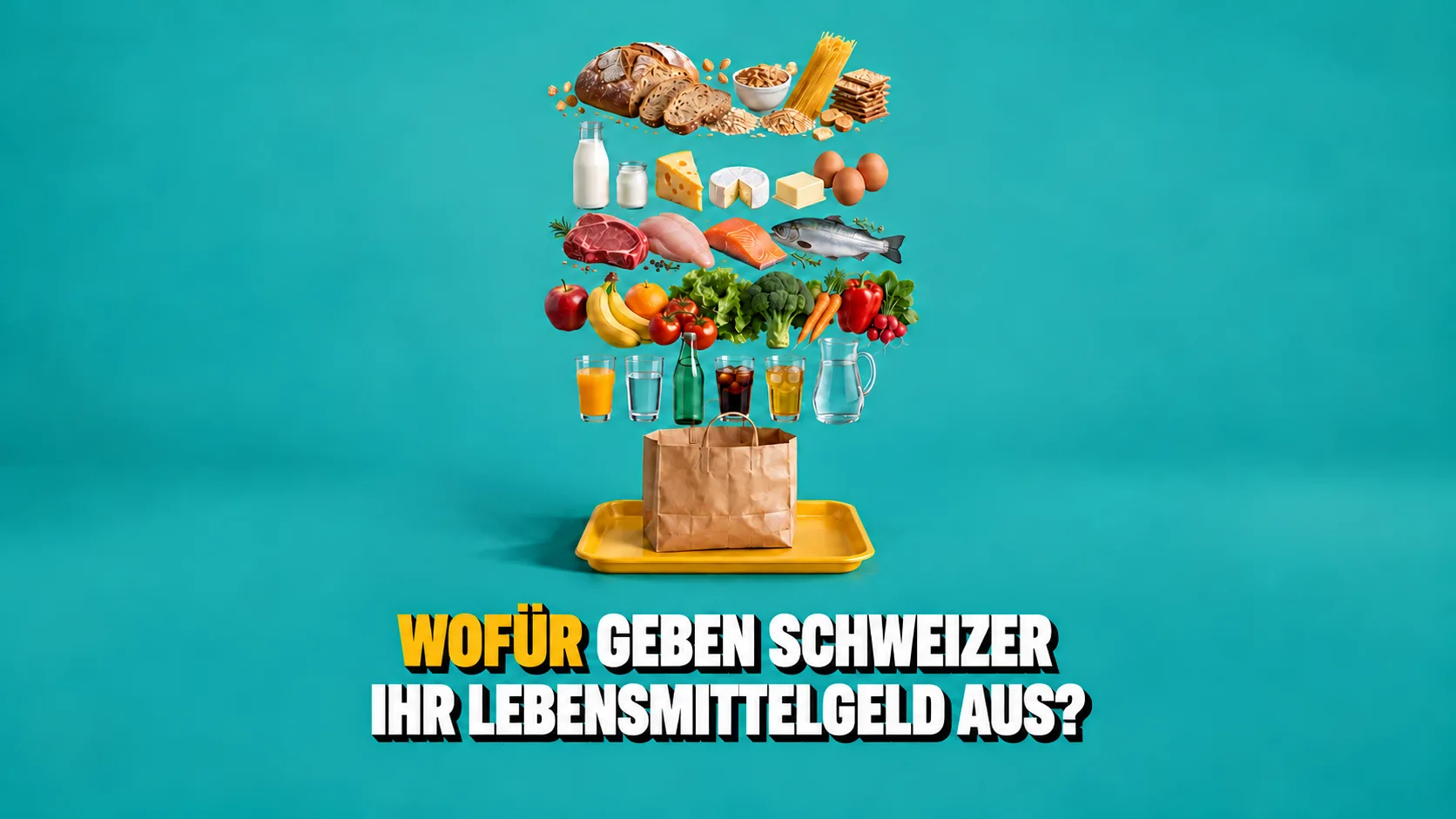 Explosionsansicht einer Einkaufstasche: Brot, Milchprodukte, Fleisch, Obst, Gemüse und Getränke schweben in Schichten