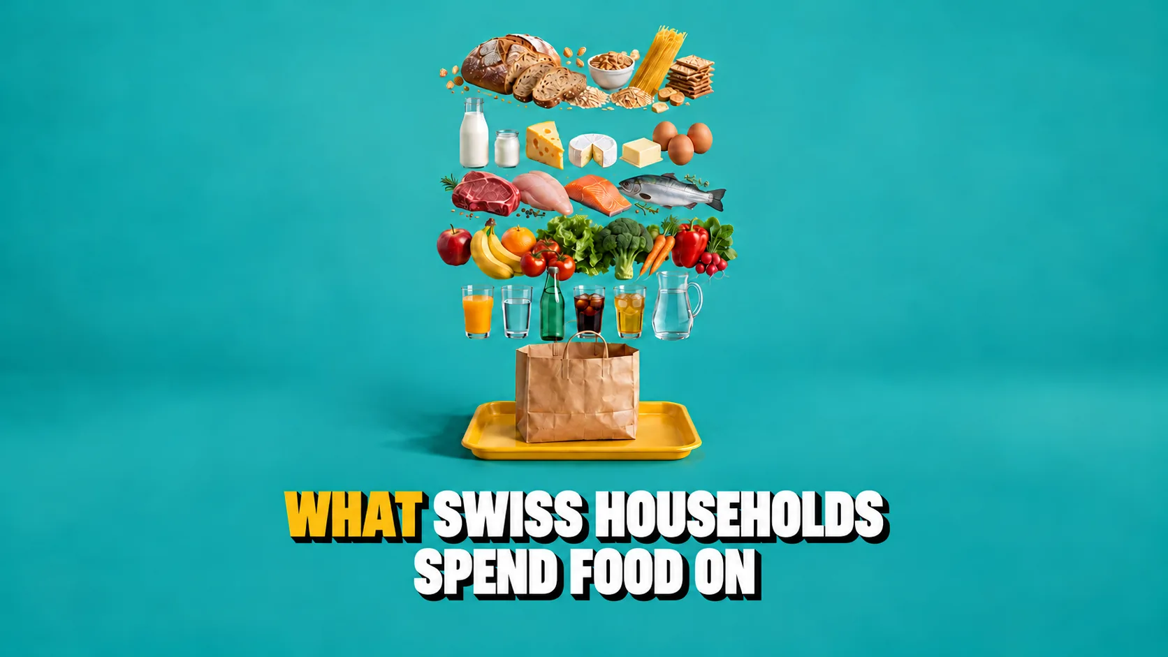 Exploded view of a grocery bag: bread, dairy, meat, fruit, vegetables and drinks floating in layers
