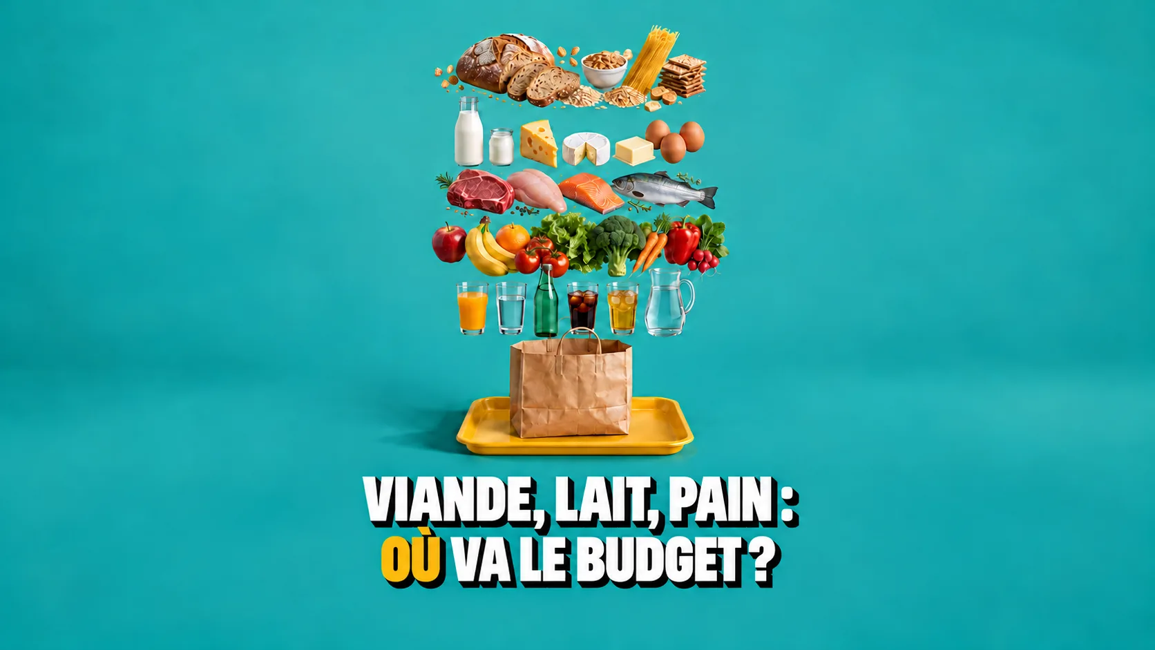 Vue éclatée d’un sac de courses, pain, produits laitiers, viande, fruits, légumes et boissons flottent en couches