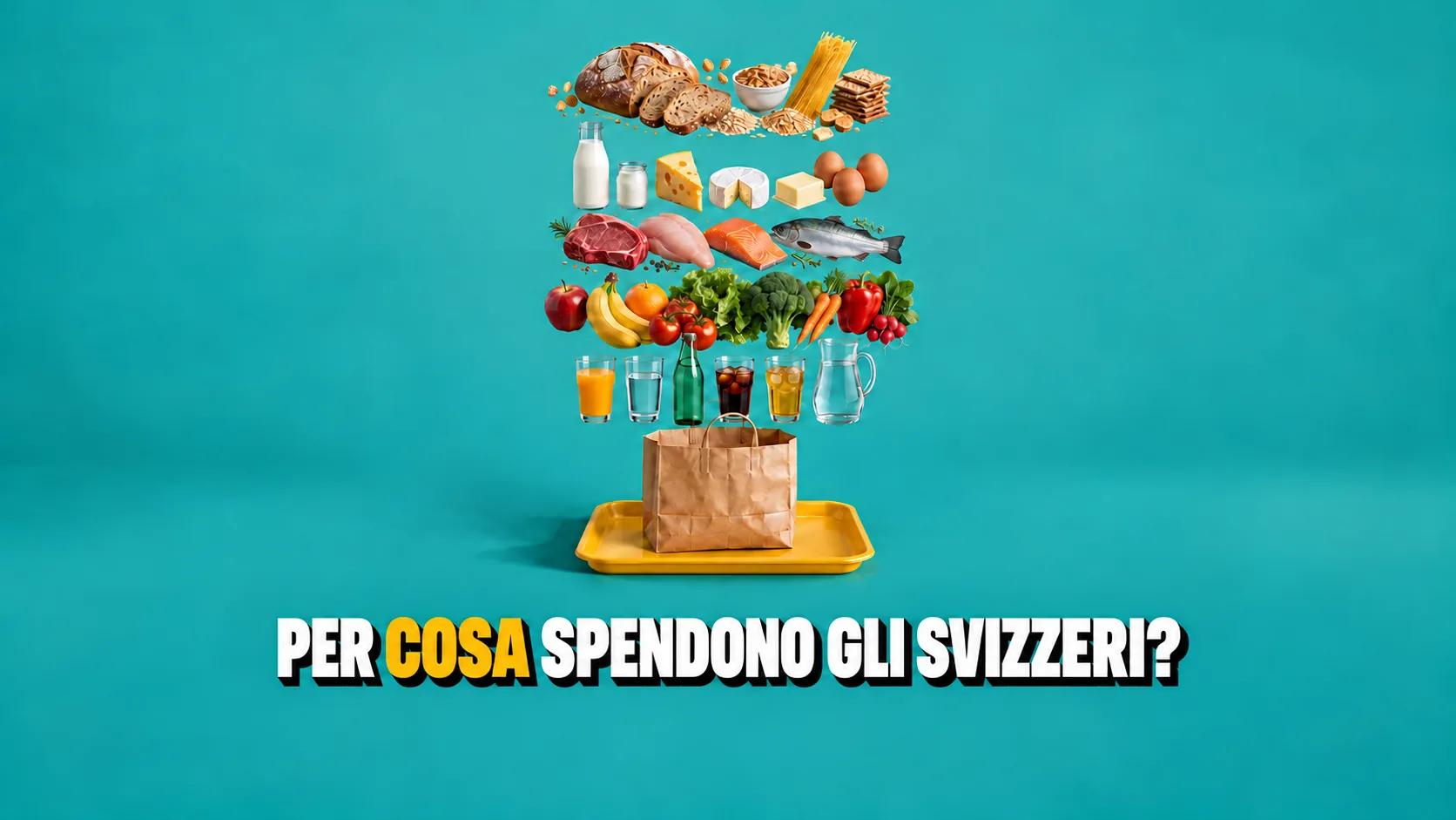 Vista esplosa di un sacchetto della spesa: pane, latticini, carne, frutta, verdura e bevande sospesi a strati