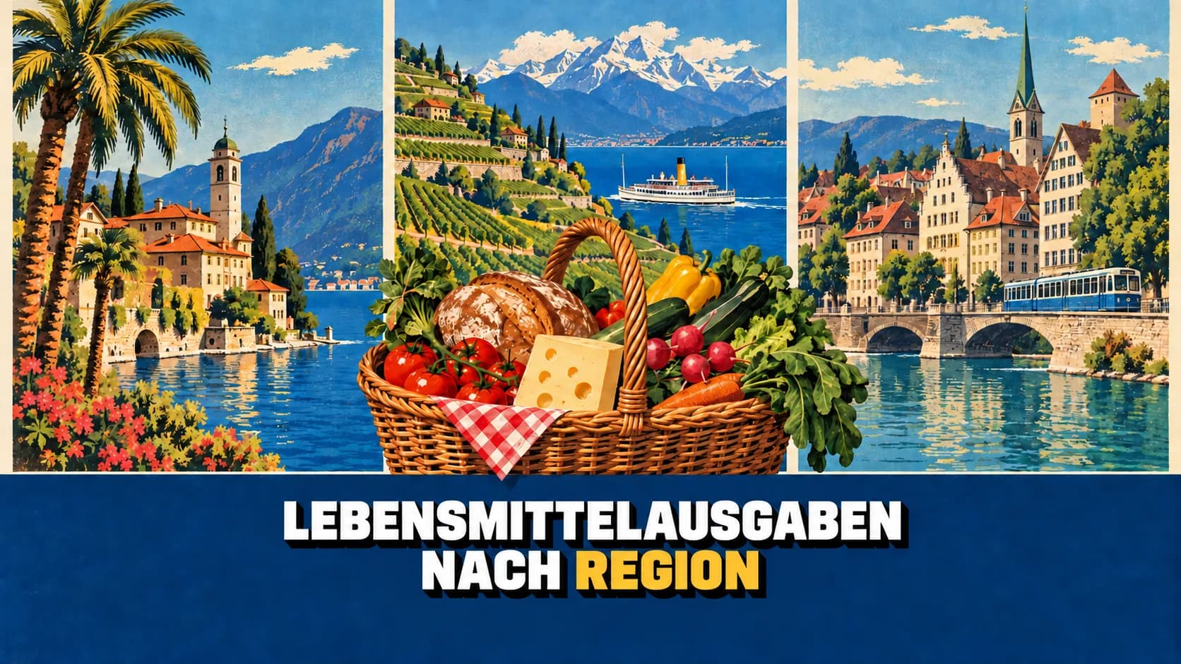 Retro-Plakat in drei Feldern: See mit Palmen, Rebberge am See und Altstadt, vorne ein Einkaufskorb