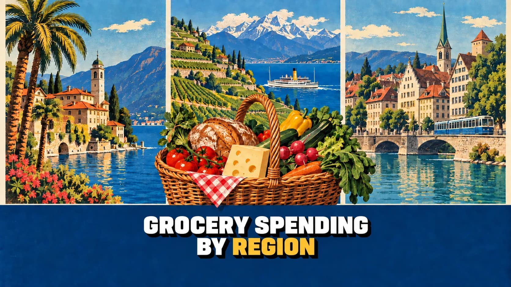 Retro poster in three panels: a lake with palm trees, vineyards above a lake and an old town, with a market basket in front