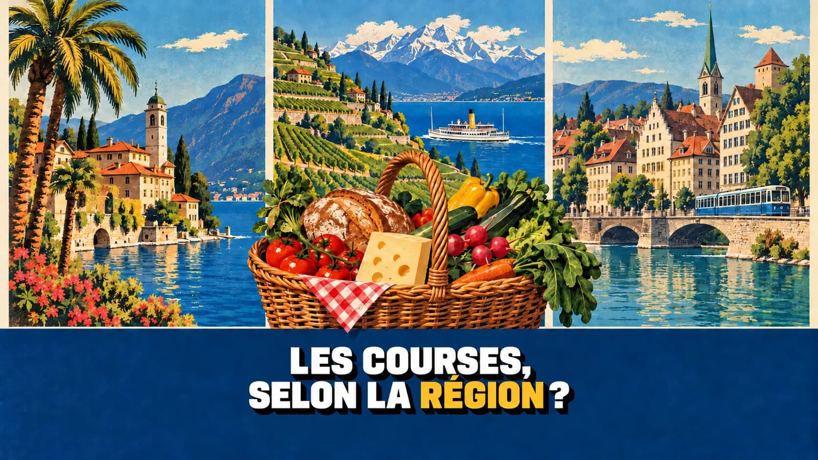 Affiche rétro en trois panneaux, lac avec palmiers, vignobles au bord du lac et vieille ville, avec un panier de courses au premier plan