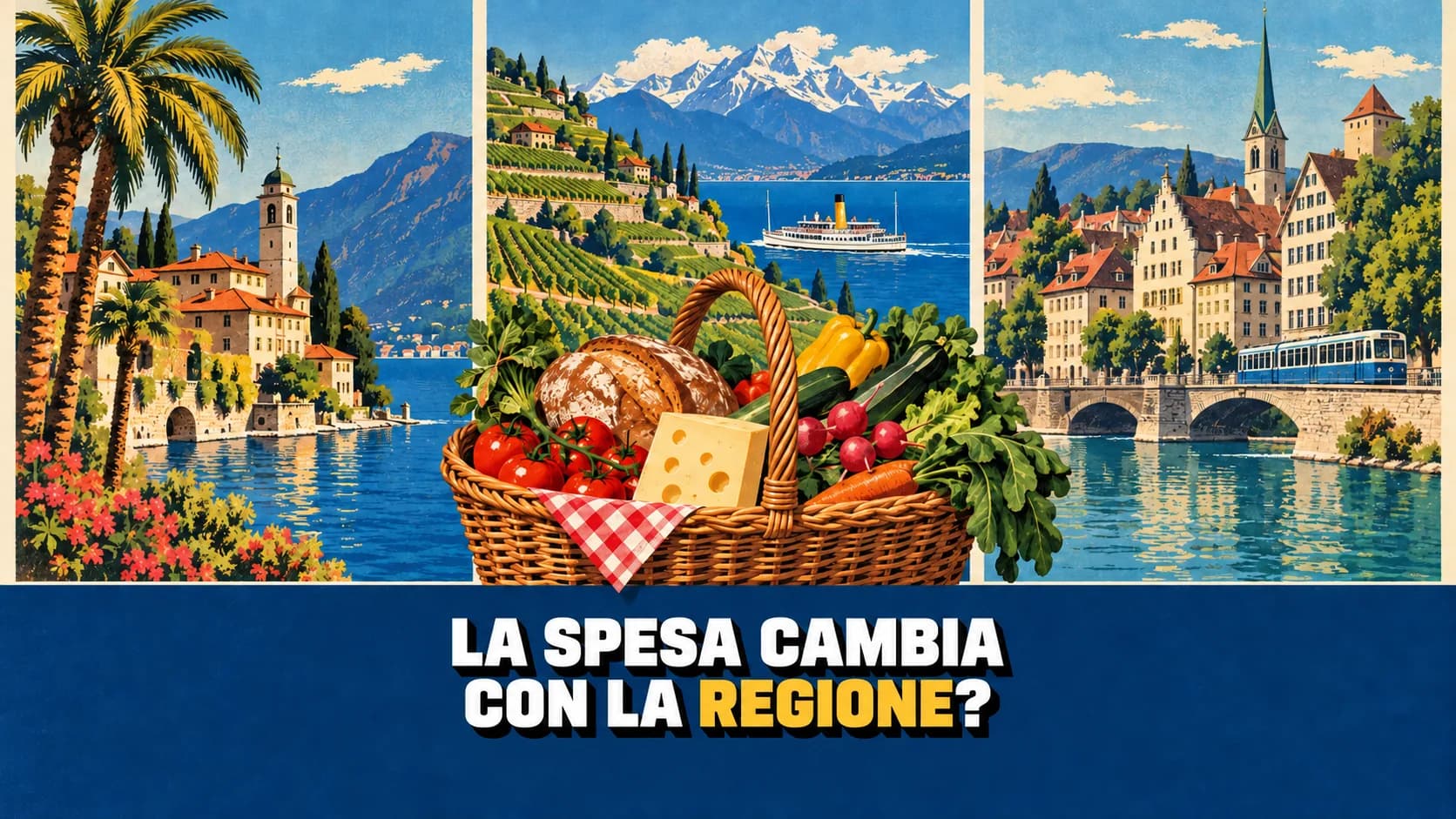Manifesto rétro in tre pannelli: lago con palme, vigneti sul lago e città vecchia, con un cesto della spesa in primo piano
