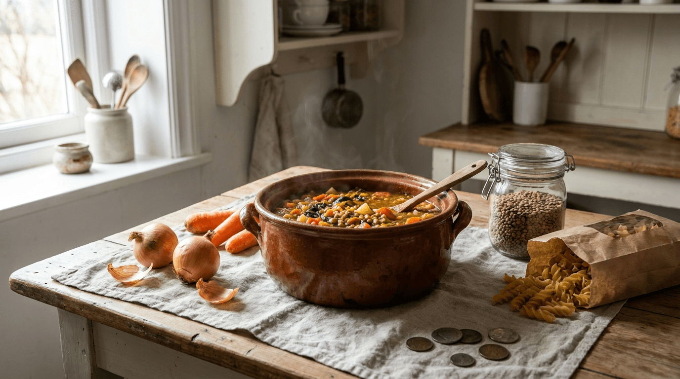 A pot of simple home-cooked stew and fresh basic ingredients on a wooden table: cooking cheaply in Switzerland, with recipes matched to the promotions in Rappn.