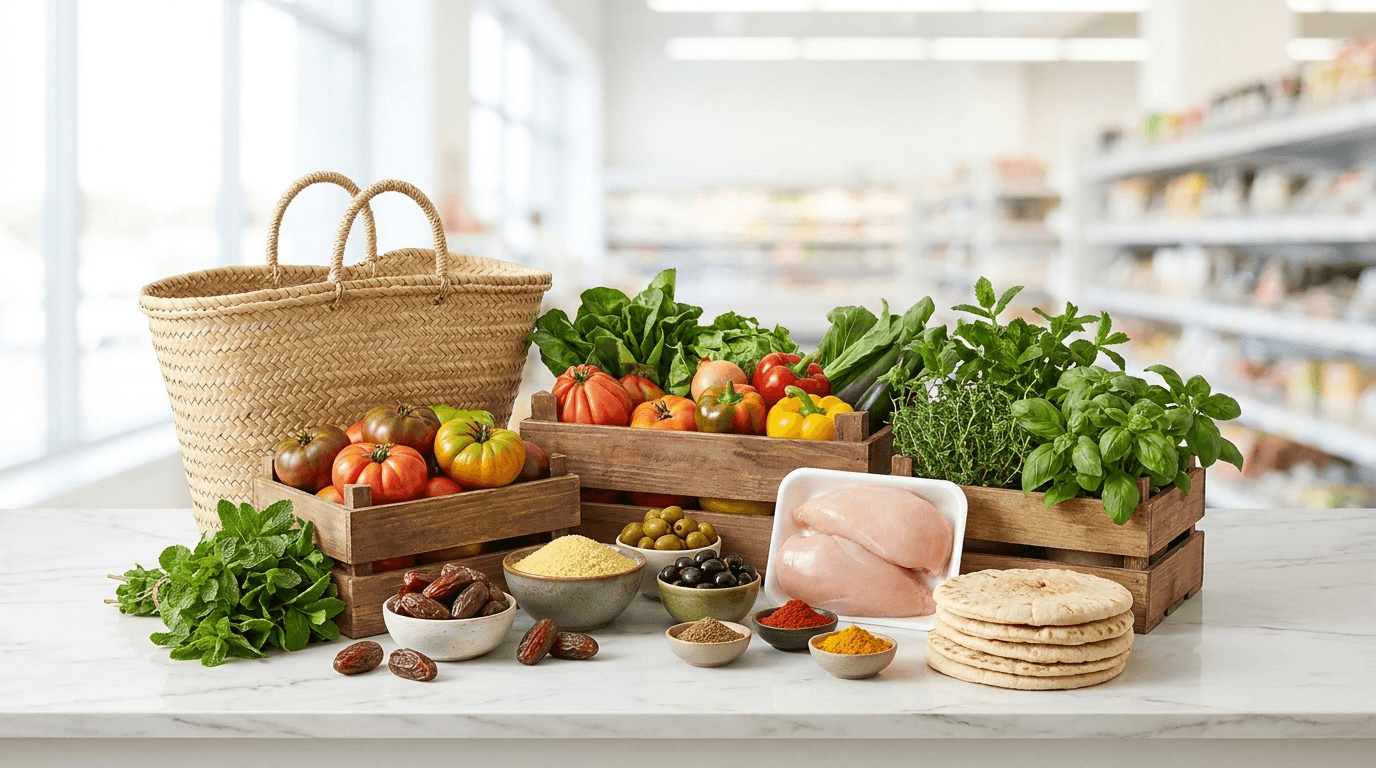 Halal grocery shopping in Switzerland: a fresh basket of world foods, vegetables, dates, spices and pulses on a bright neutral surface