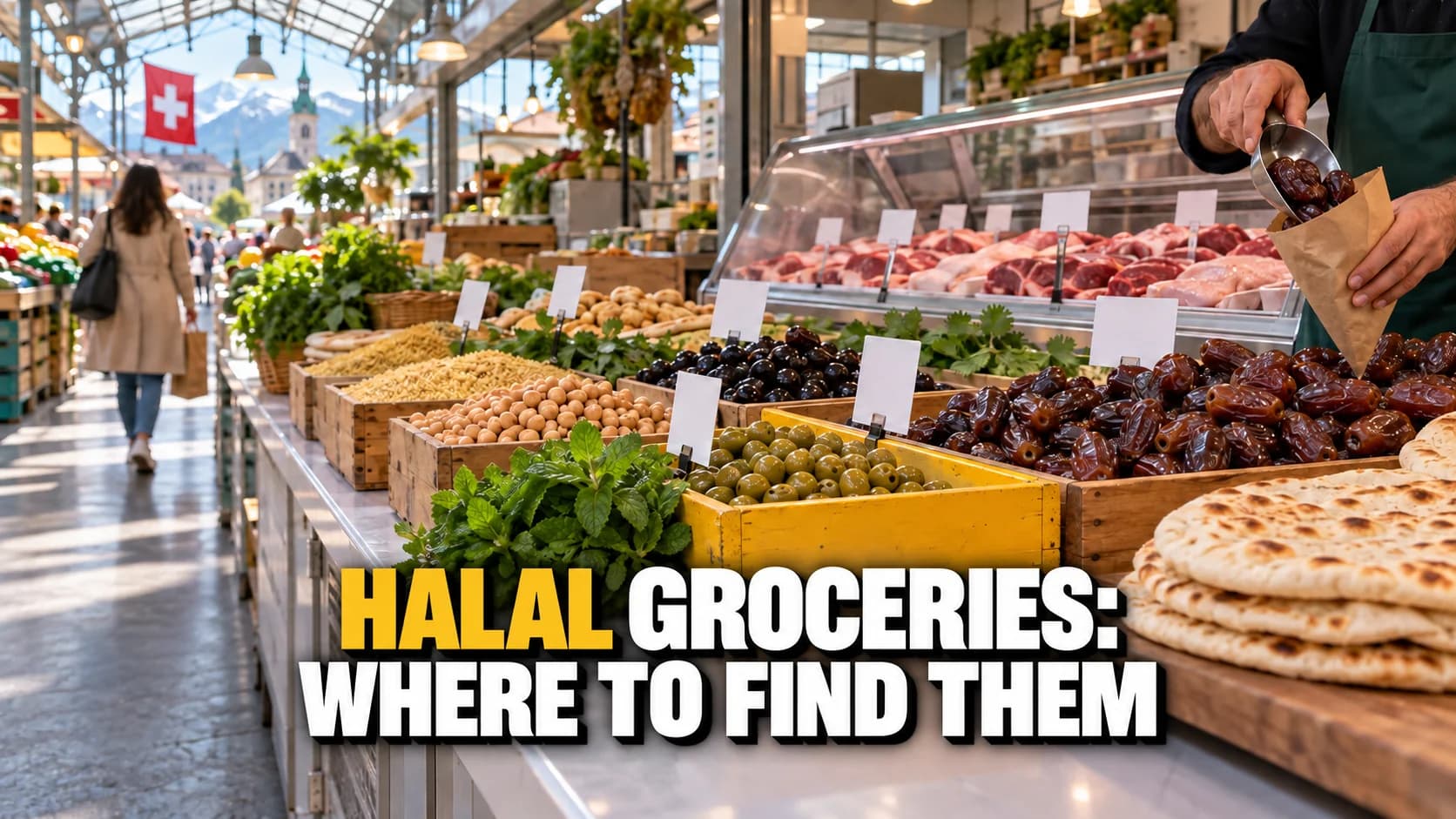 Covered market with dates, olives, herbs and unlabelled meat trays.