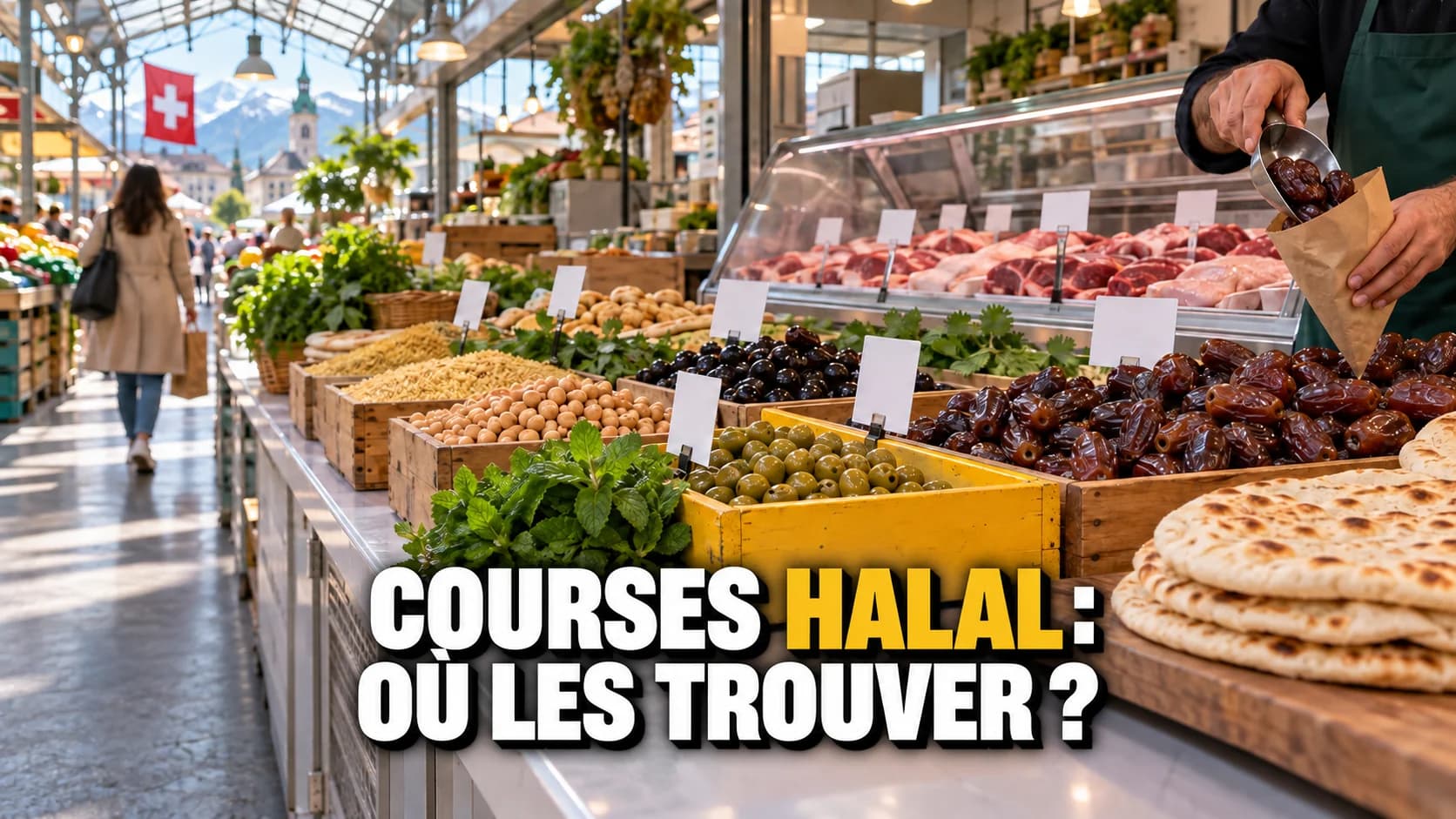 Marché couvert avec dattes, olives, herbes et barquettes de viande sans étiquette.