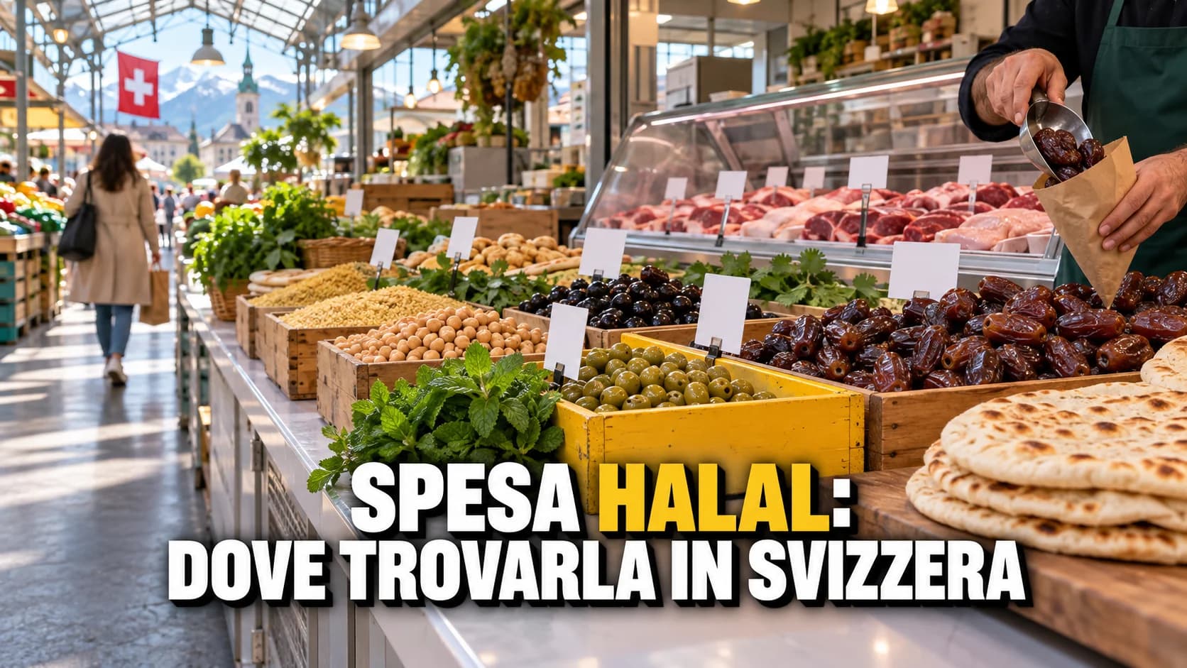 Mercato coperto con datteri, olive, erbe e vaschette di carne senza etichette.