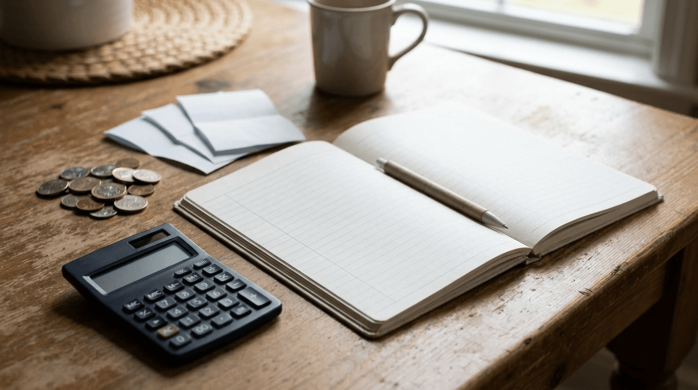 Budget ouvert avec stylo, calculatrice et pièces: tenir un budget des ménages par Excel, app ou scan de tickets, combiné au comparateur de prix dans Rappn.
