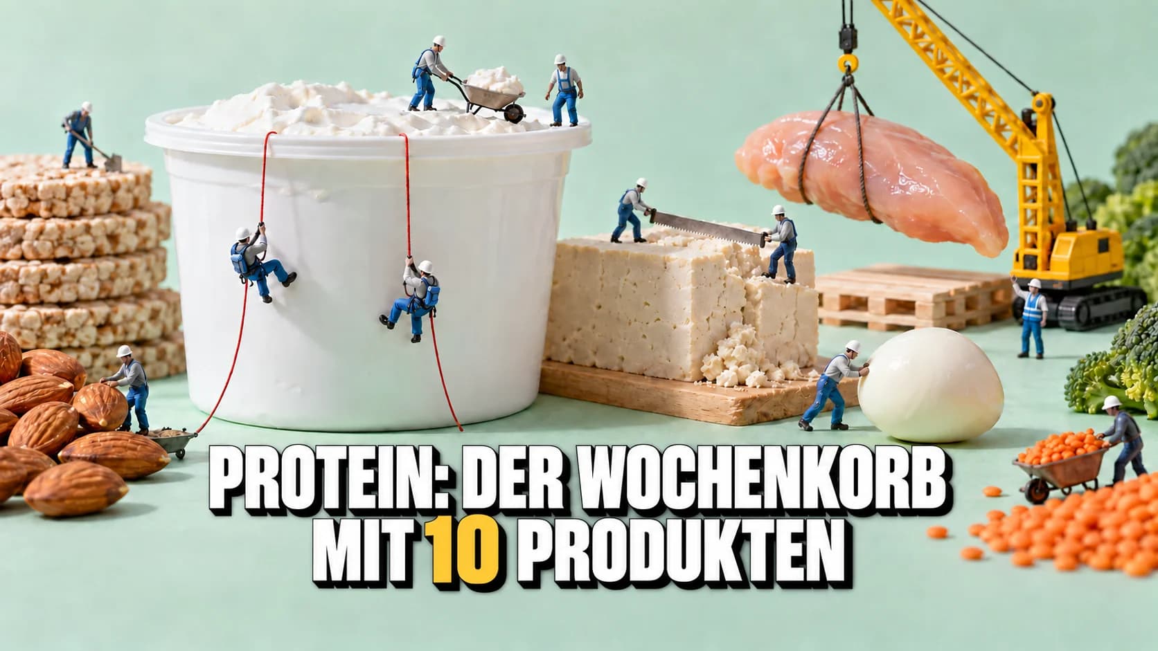Miniaturfiguren arbeiten an riesigem Quark und Tofu neben einem gelben Kran.