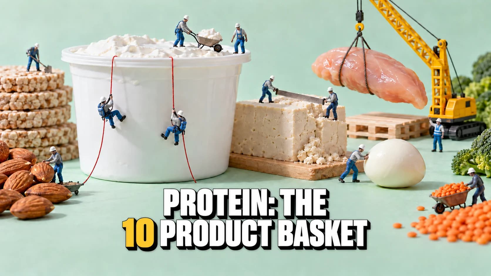 Miniature figures work around giant quark and tofu beside a yellow crane.