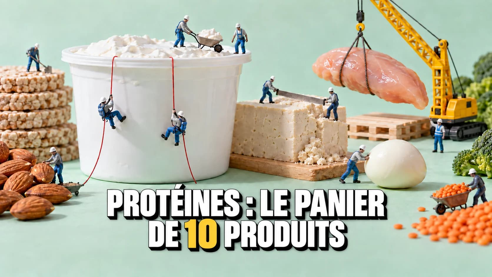 Personnages miniatures autour d’un grand pot de quark et d’un bloc de tofu, près d’une grue jaune.