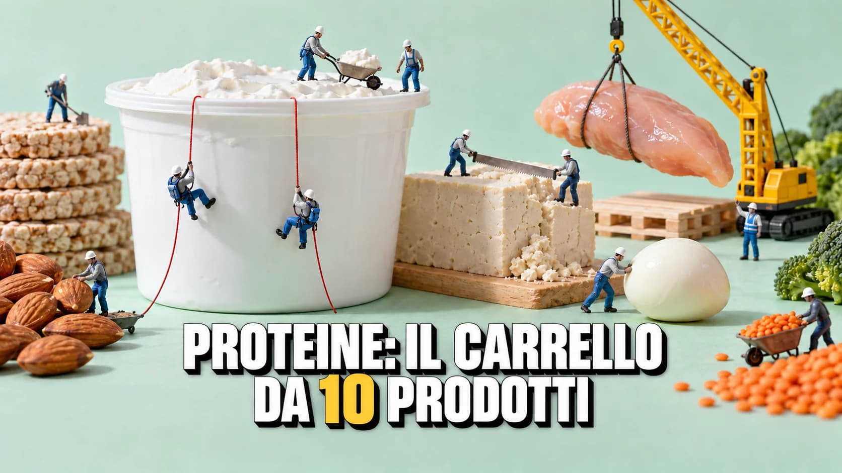 Omini in miniatura si calano su una vasca gigante di quark e segano un blocco di tofu accanto a una gru gialla.