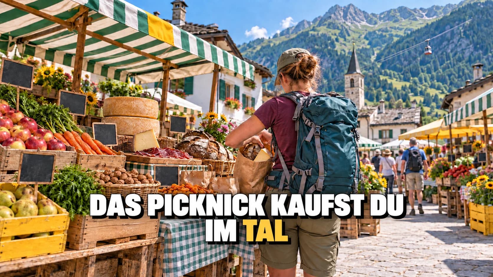 Dorfmarkt mit Obst, Käse und Brot; eine Person mit Rucksack füllt eine Papiertüte.