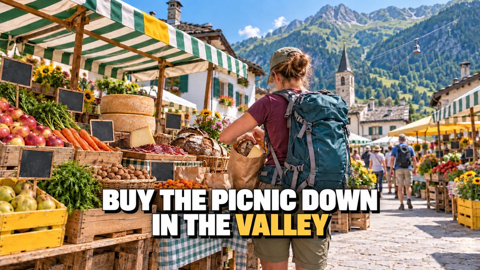 Village market with fruit, cheese and bread; a hiker seen from behind fills a bag.