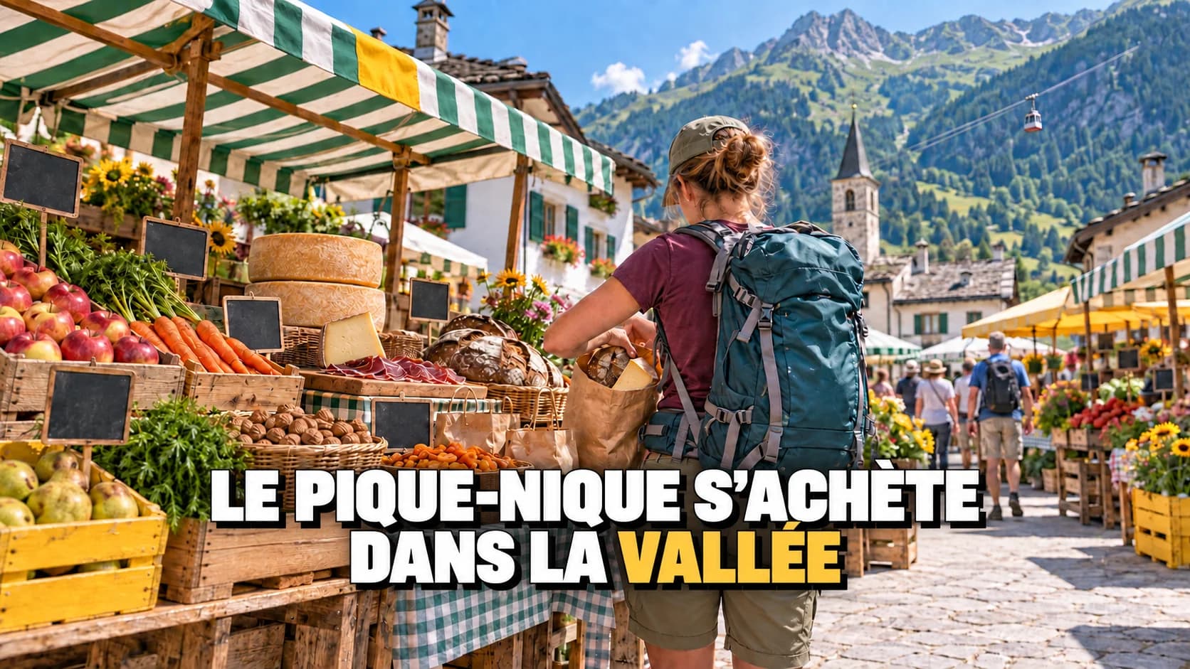 Marché de village avec fruits, fromage et pain ; une personne de dos remplit un sac.