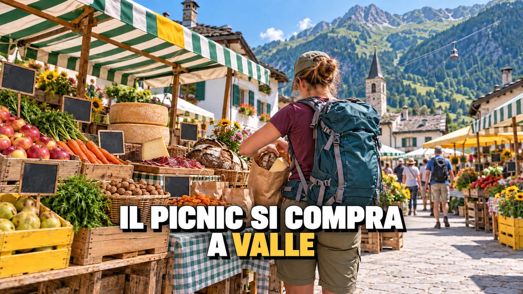 Mercato di paese con bancarelle di frutta, formaggio e pane e un escursionista di spalle che riempie un sacchetto di carta