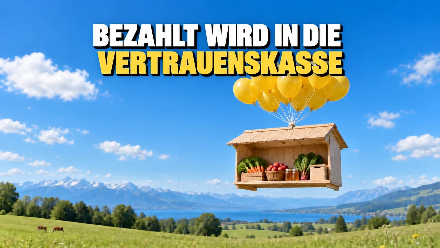 Hofstand an gelben Ballons über einer Wiese.