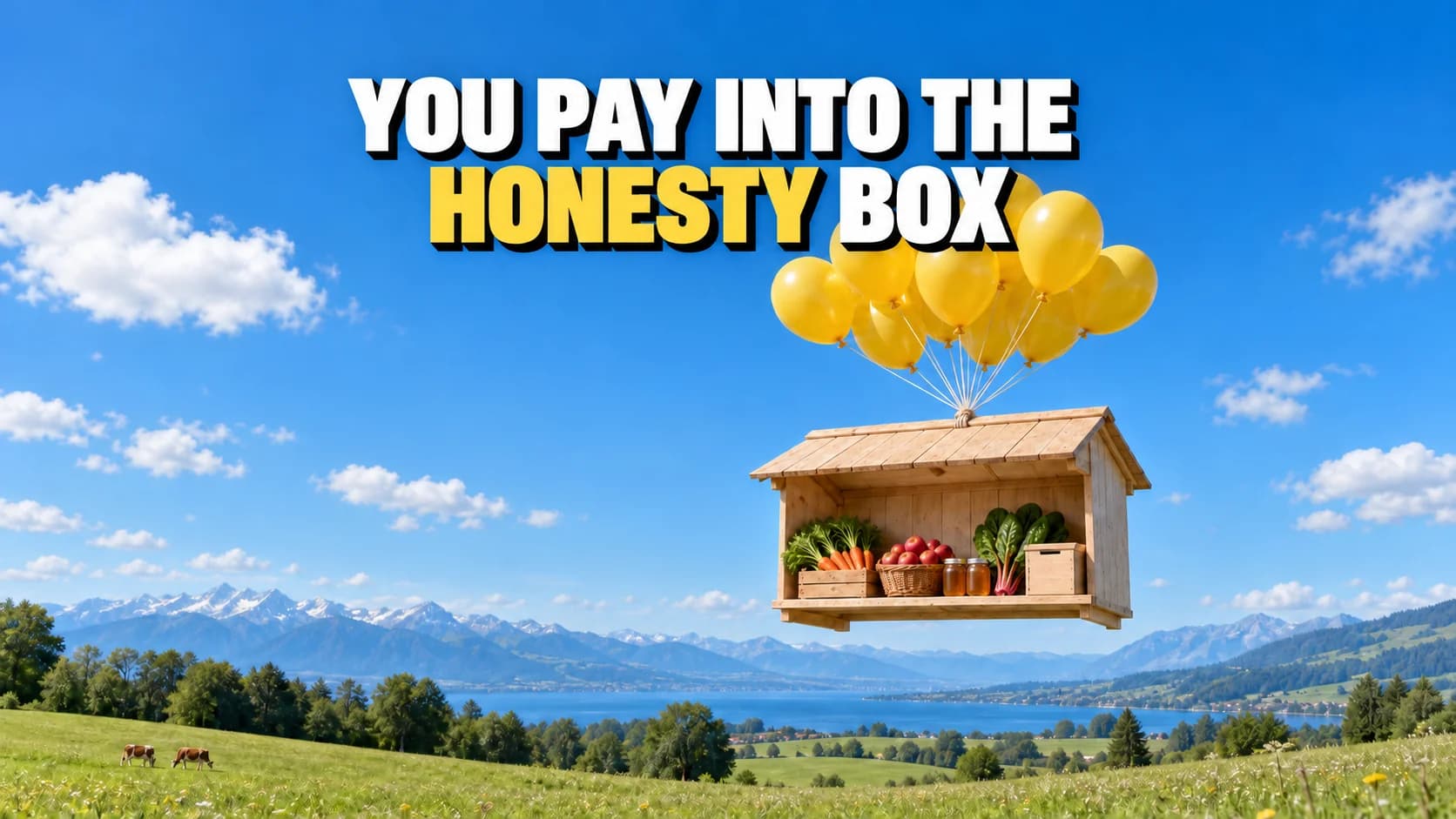 Farm stall hanging from yellow balloons above a meadow.