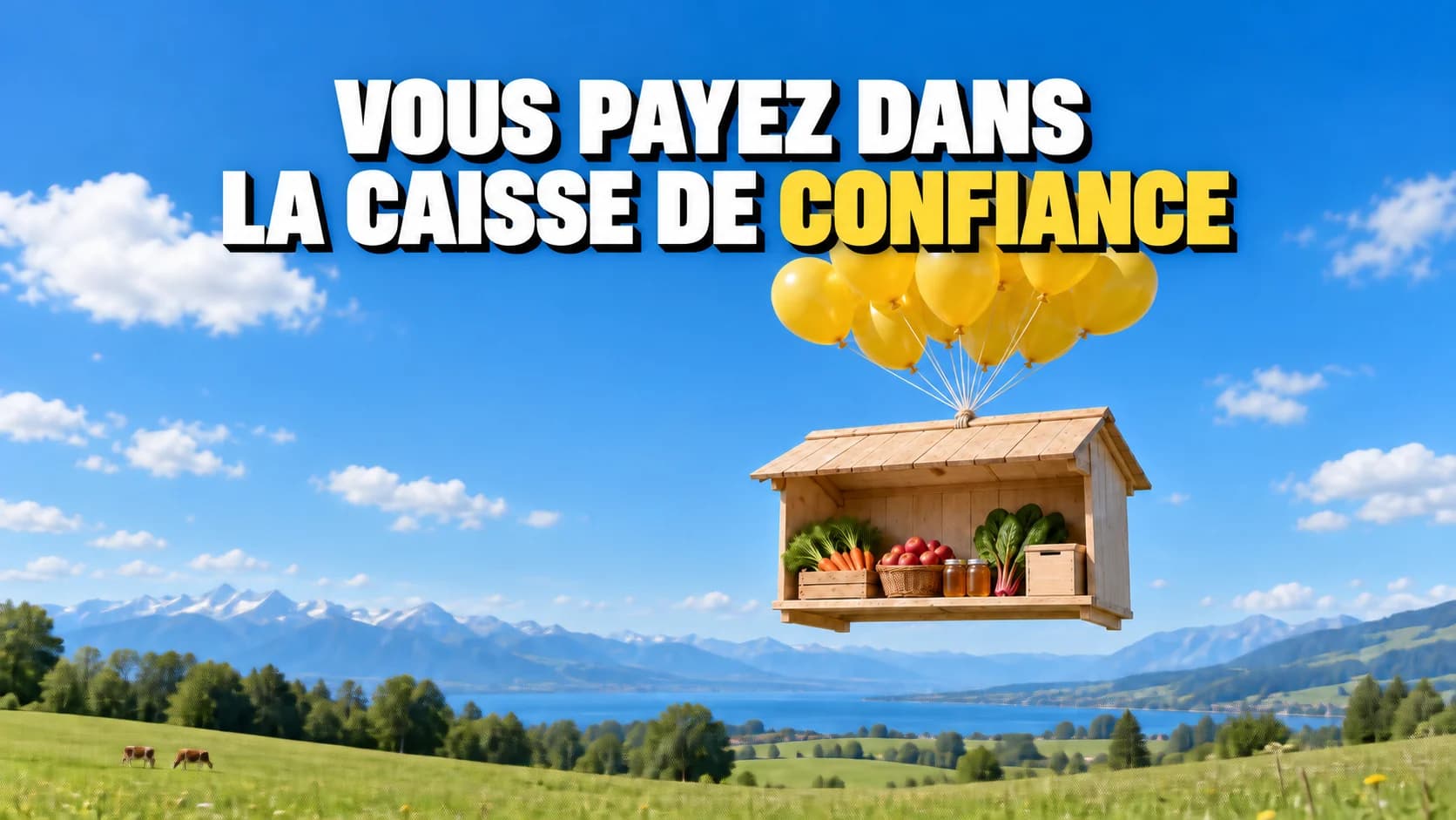 Étal de ferme suspendu à des ballons jaunes au-dessus d’un pré.