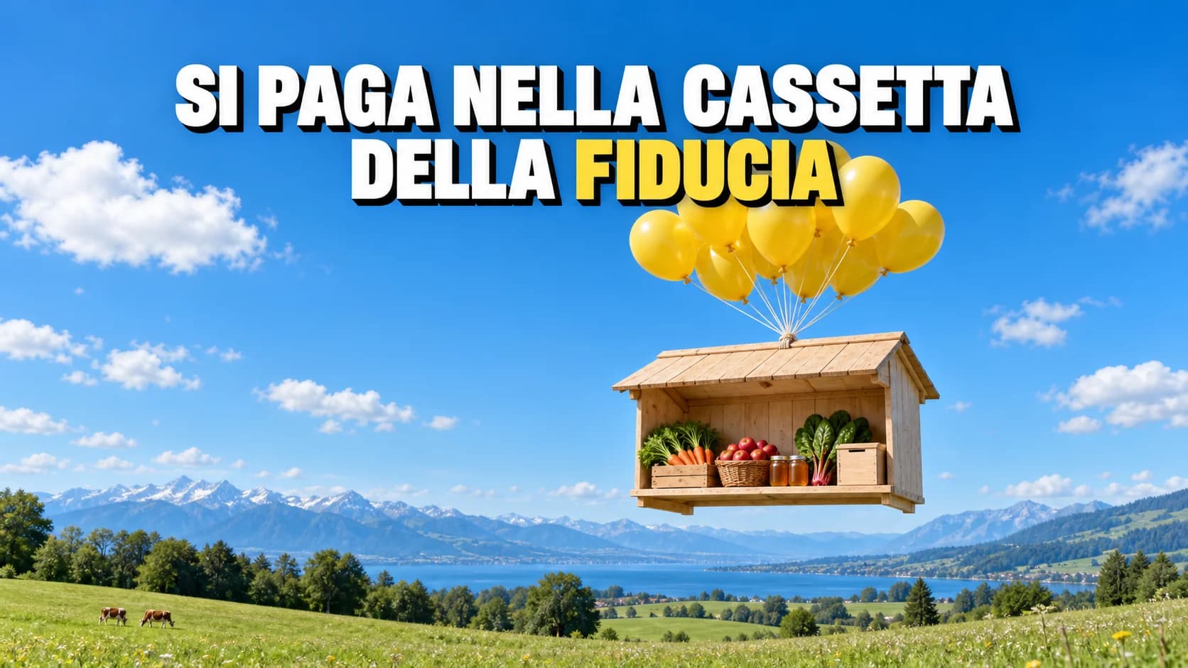 Banco di fattoria sospeso a palloncini gialli sopra un prato.