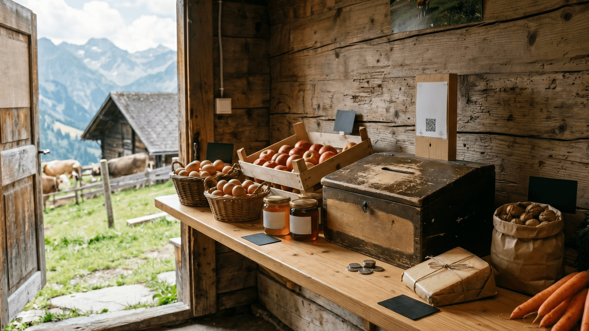 A wooden self-service Hofladen with a Vertrauenskasse cash box on an alpine farm road, with the green vom-hof.ch sign visible