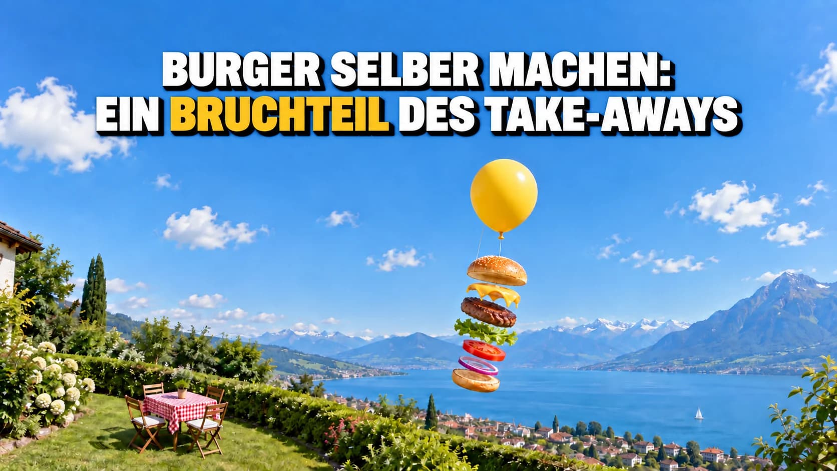 Ein in Schichten schwebender Burger am grossen gelben Ballon im blauen Himmel