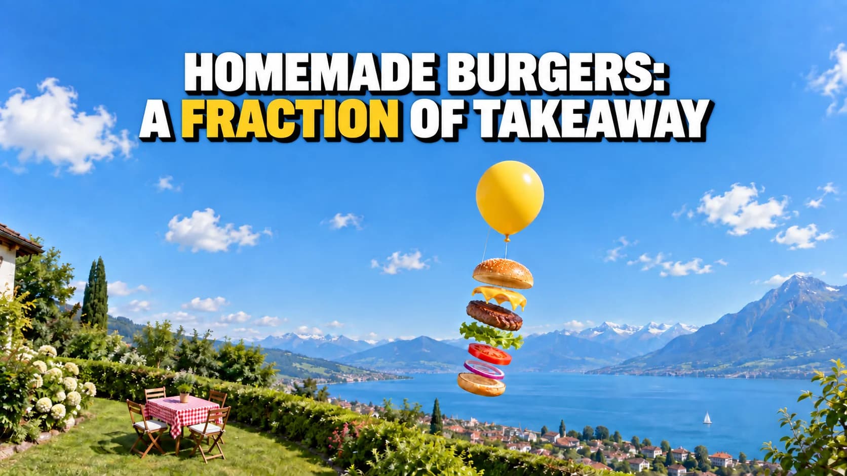 A burger floating apart in layers under one big yellow balloon