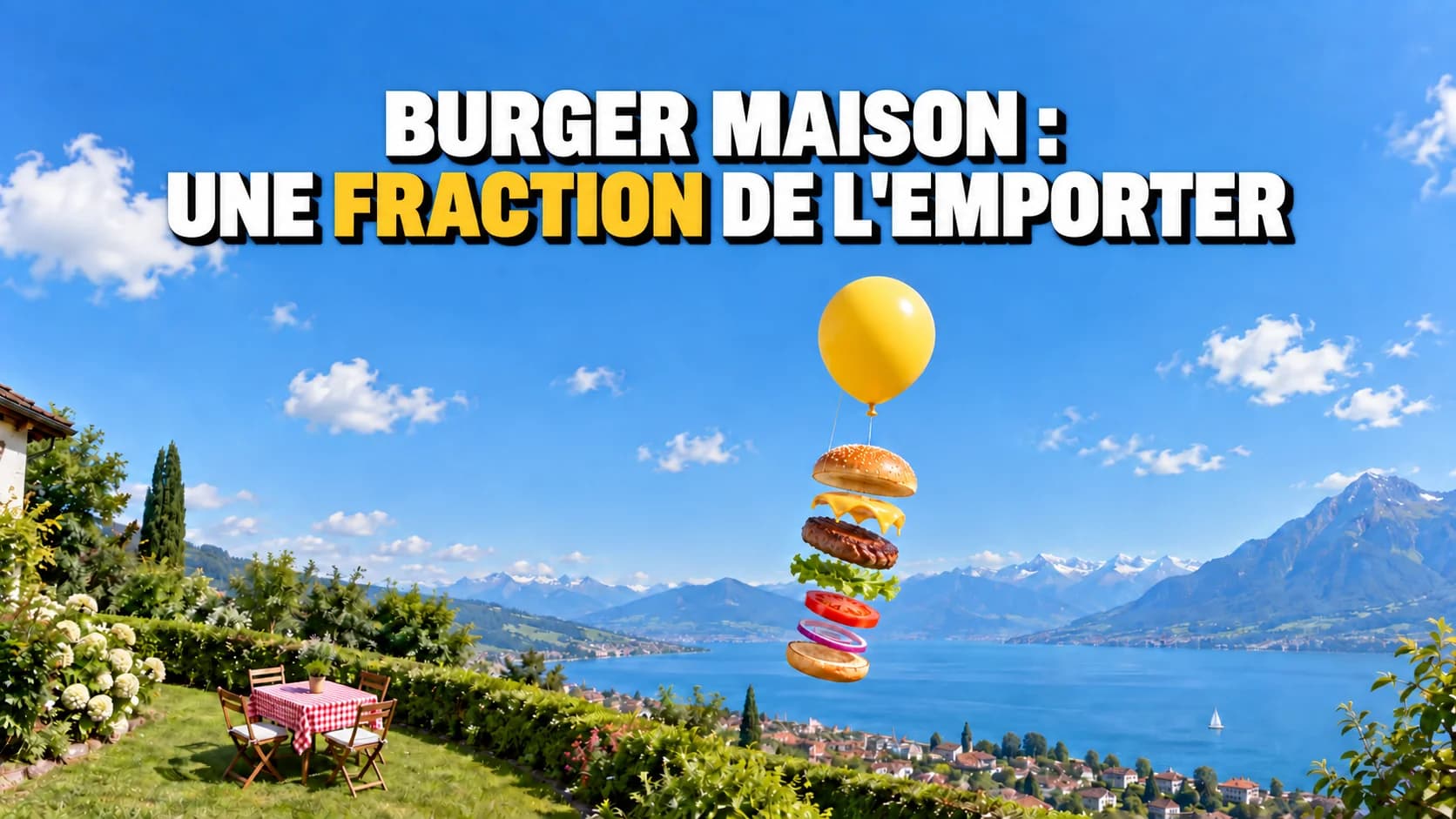 Un burger décomposé flottant dans le ciel sous un grand ballon jaune