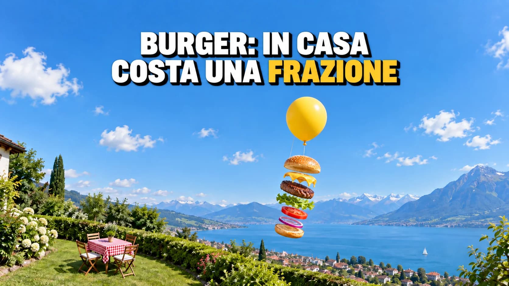 Un burger scomposto che fluttua in cielo appeso a un grande palloncino giallo