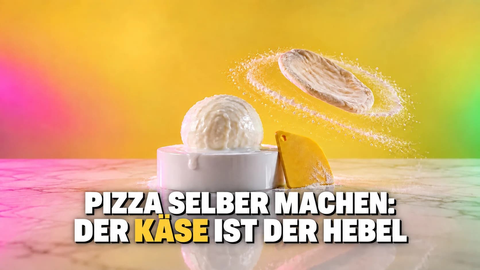 Eine Mozzarellakugel auf glänzendem Sockel, dahinter ein Teigfladen, der in farbigem Licht dreht