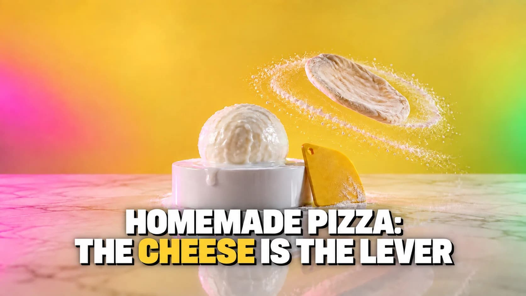 A mozzarella ball on a glossy pedestal with a pizza dough disc spinning in coloured light