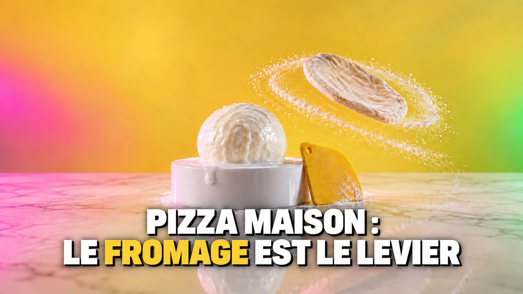 Une mozzarella sur un socle brillant et un disque de pâte qui tourne en l’air sous des lumières colorées