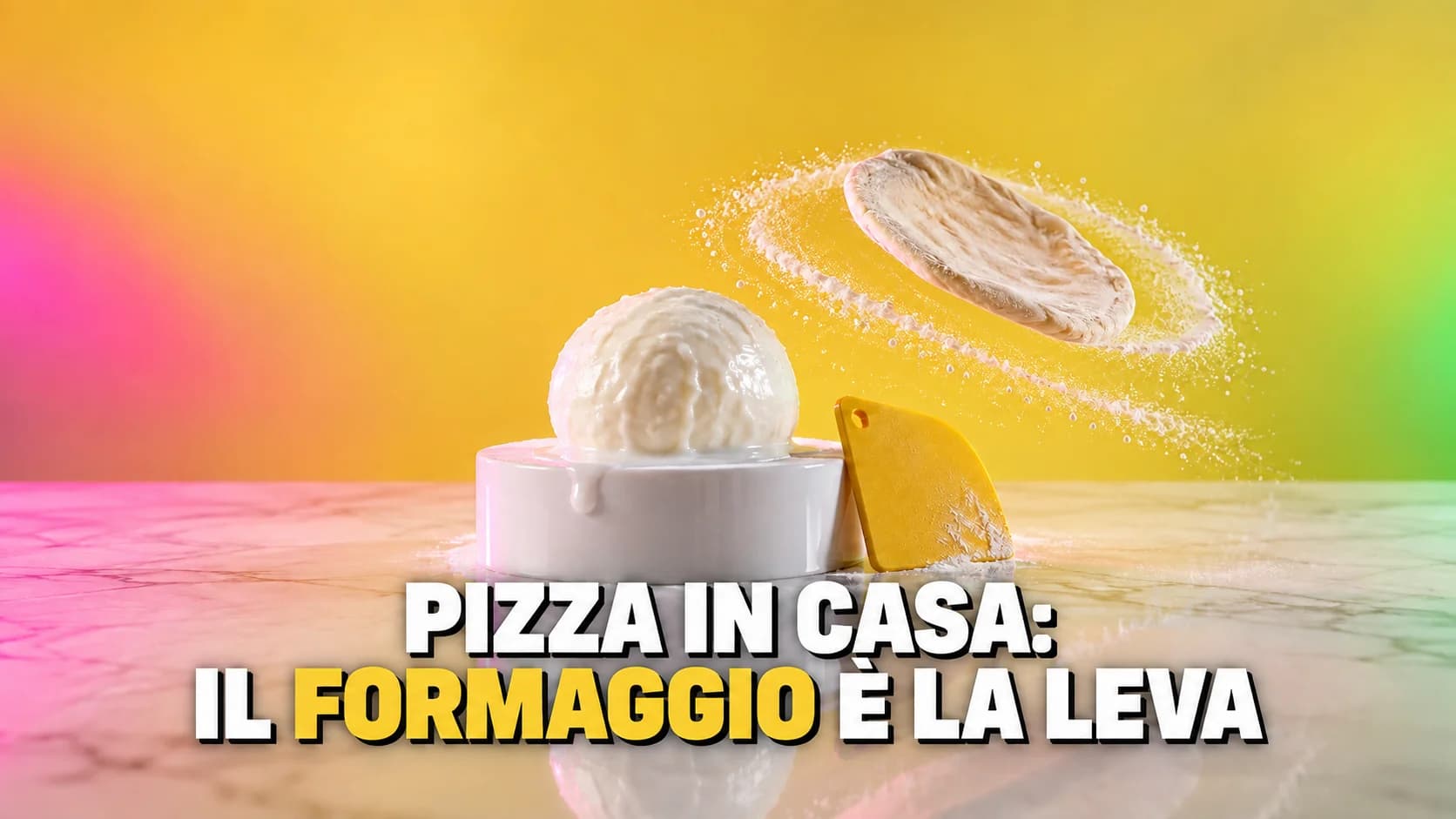Una mozzarella su un piedistallo lucido e un disco di impasto che gira a mezz’aria fra luci colorate