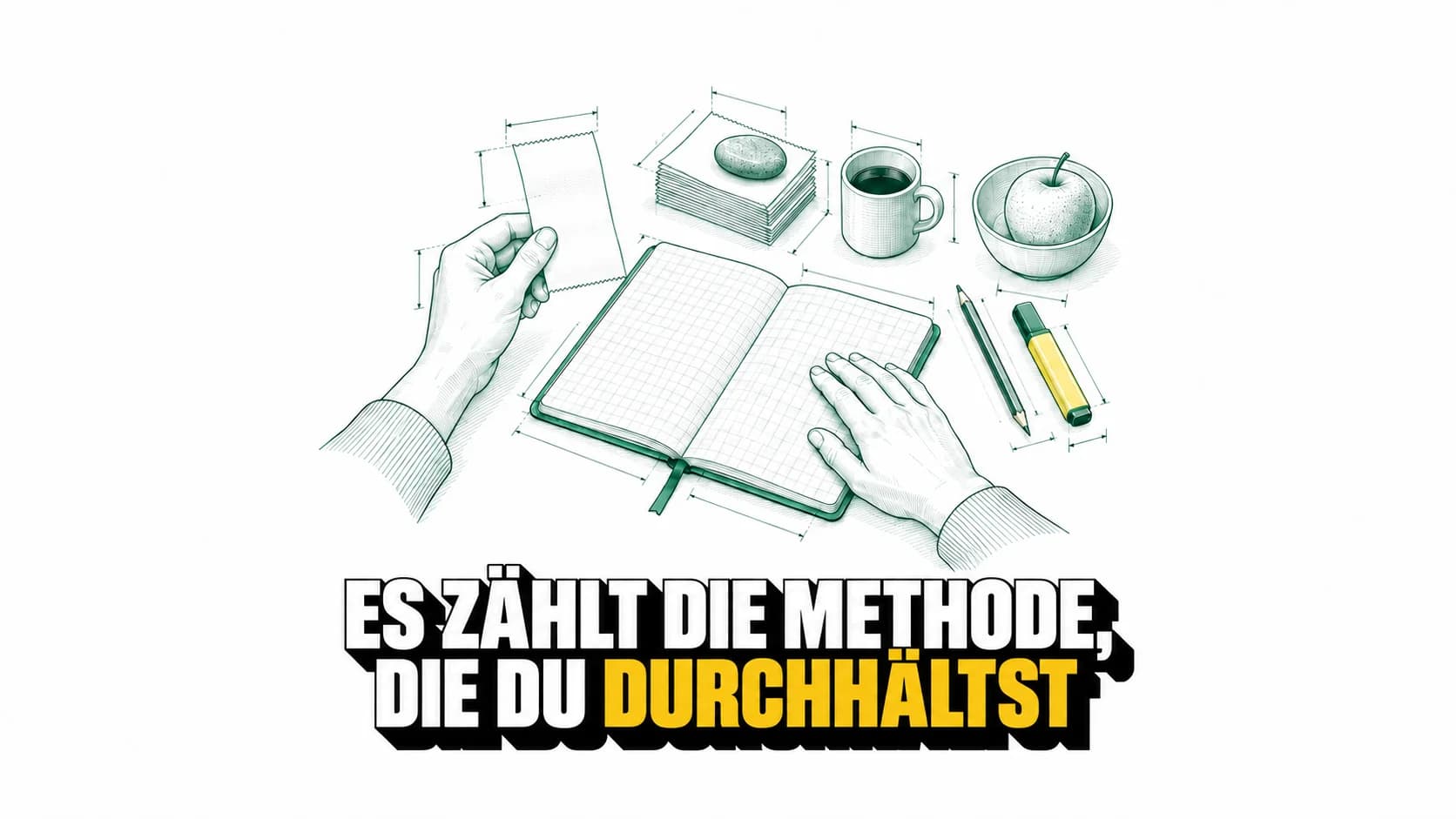 Technische Zeichnung von Händen, leerem Heft, Kassenbons und gelbem Textmarker.